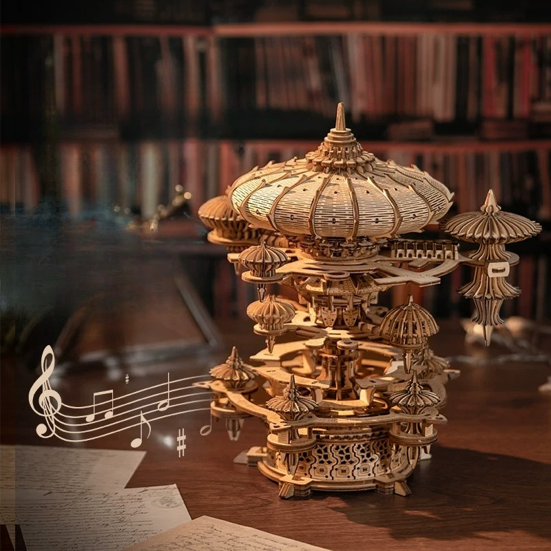 Music Box Wooden 3D Puzzle Rotating - 3D Wooden Floating City Music Box