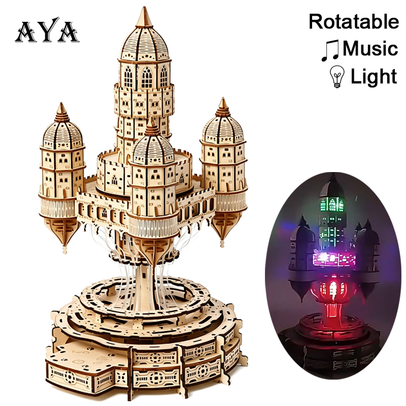 Music Box Wooden 3D Puzzle Rotating - City In The Sky Castle 3D